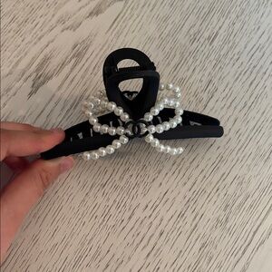 Black Pearl Bow Hair Clip with Logo Accent